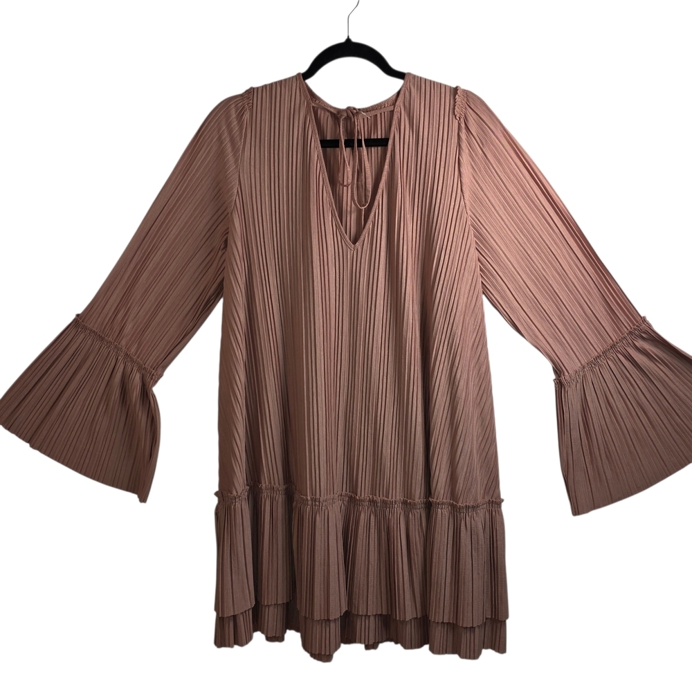 Free People Can't Help It Pleated Bell Sleeve Mini Dress Mauve Size M - Picture 4 of 11
